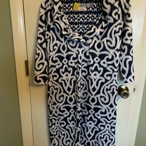 Gretchen Scott Dress in Blue and White.the collar is raised slightly. Size Med